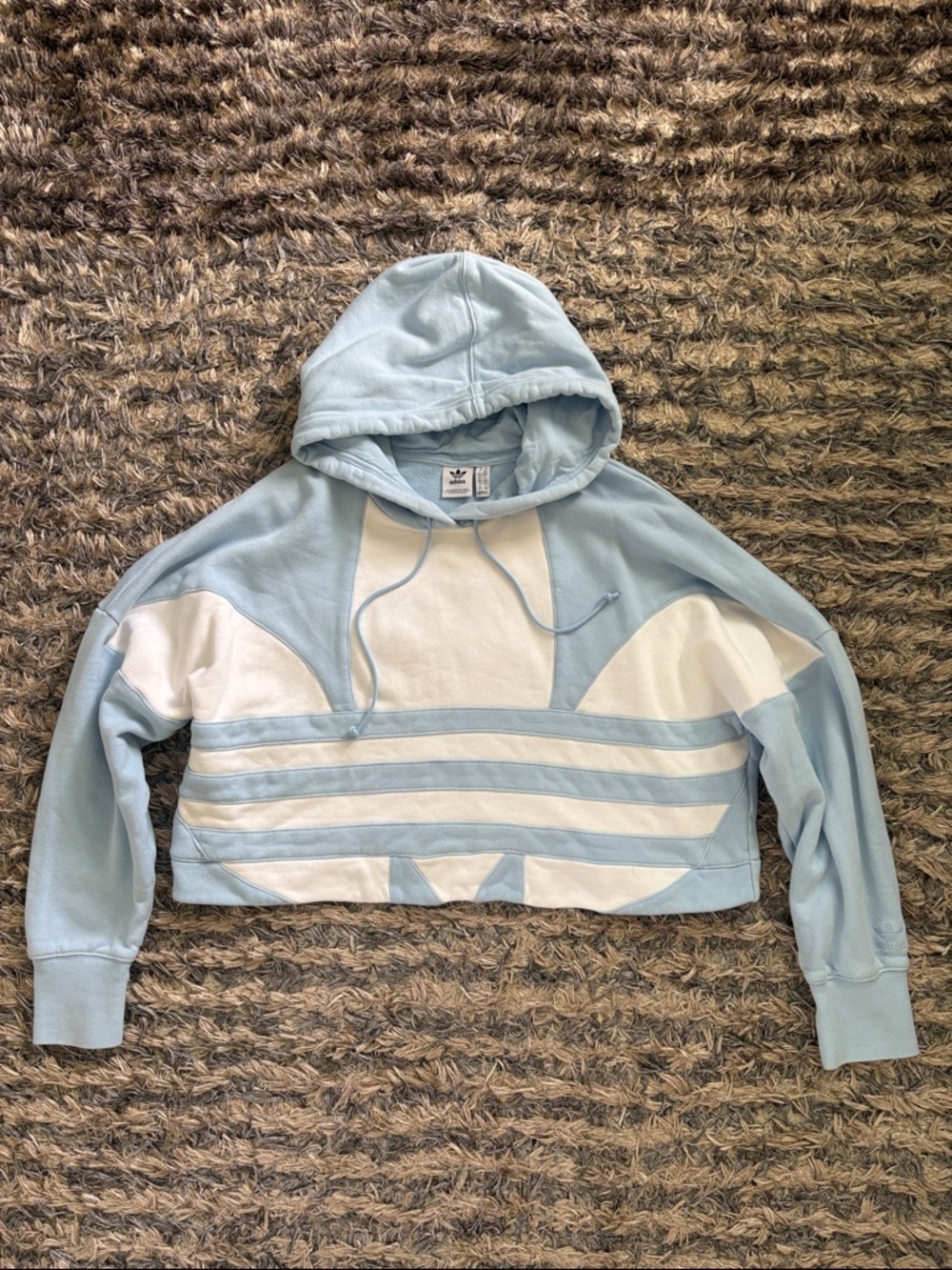 adidas Light Blue & White Cropped Cotton Hoodie Sweatshirt Size M